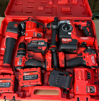 Milwaukee 4-in-1 Cordless Power Tool Combo Kit with Rotary Hammer, Drill Driver, Angle Grinder & Impact Wrench – 4 Batteries, Fast Charger & Carry Case