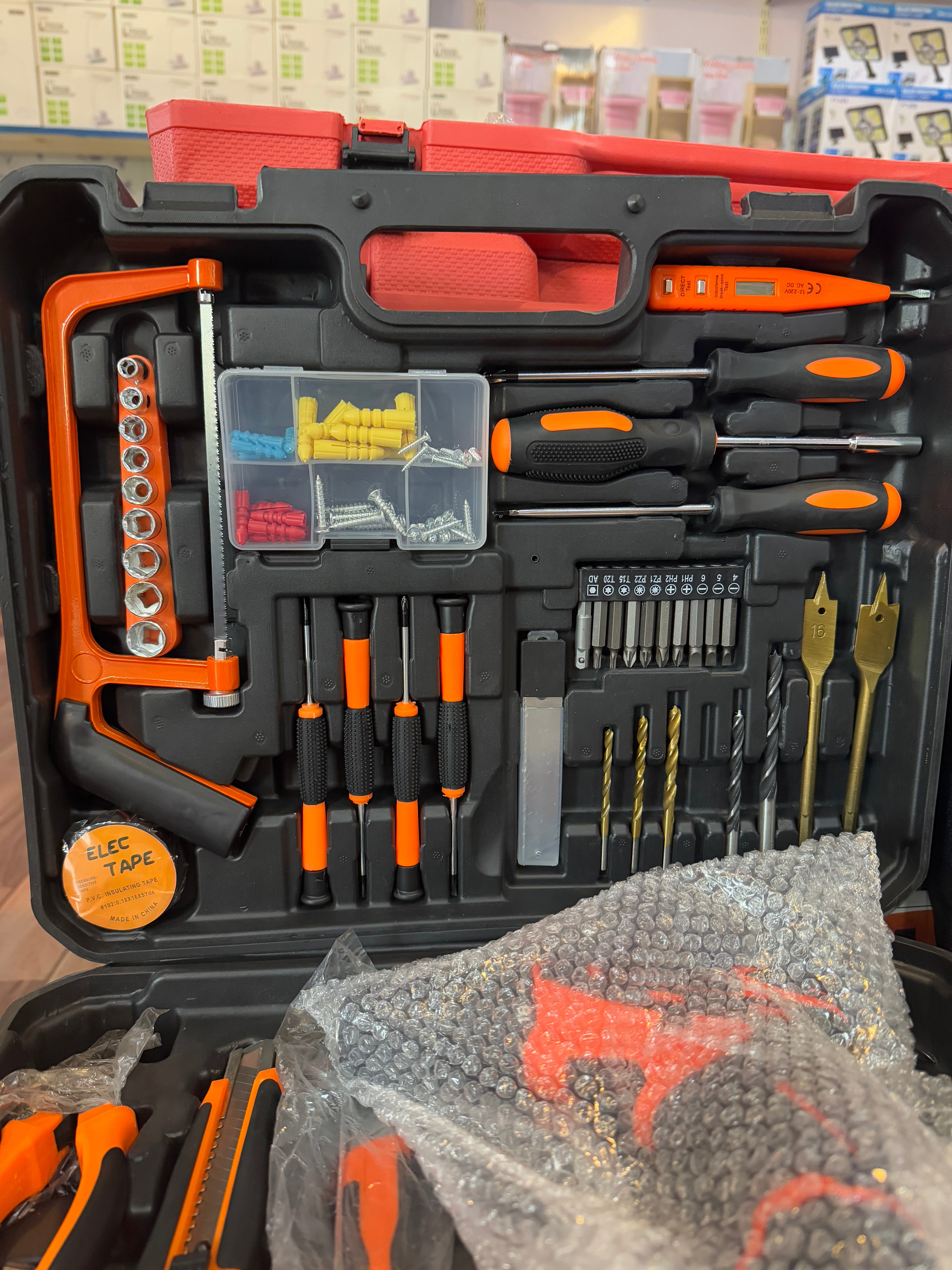 52-Piece Portable Tool Kit with Rechargeable Drill & Extra Batteries