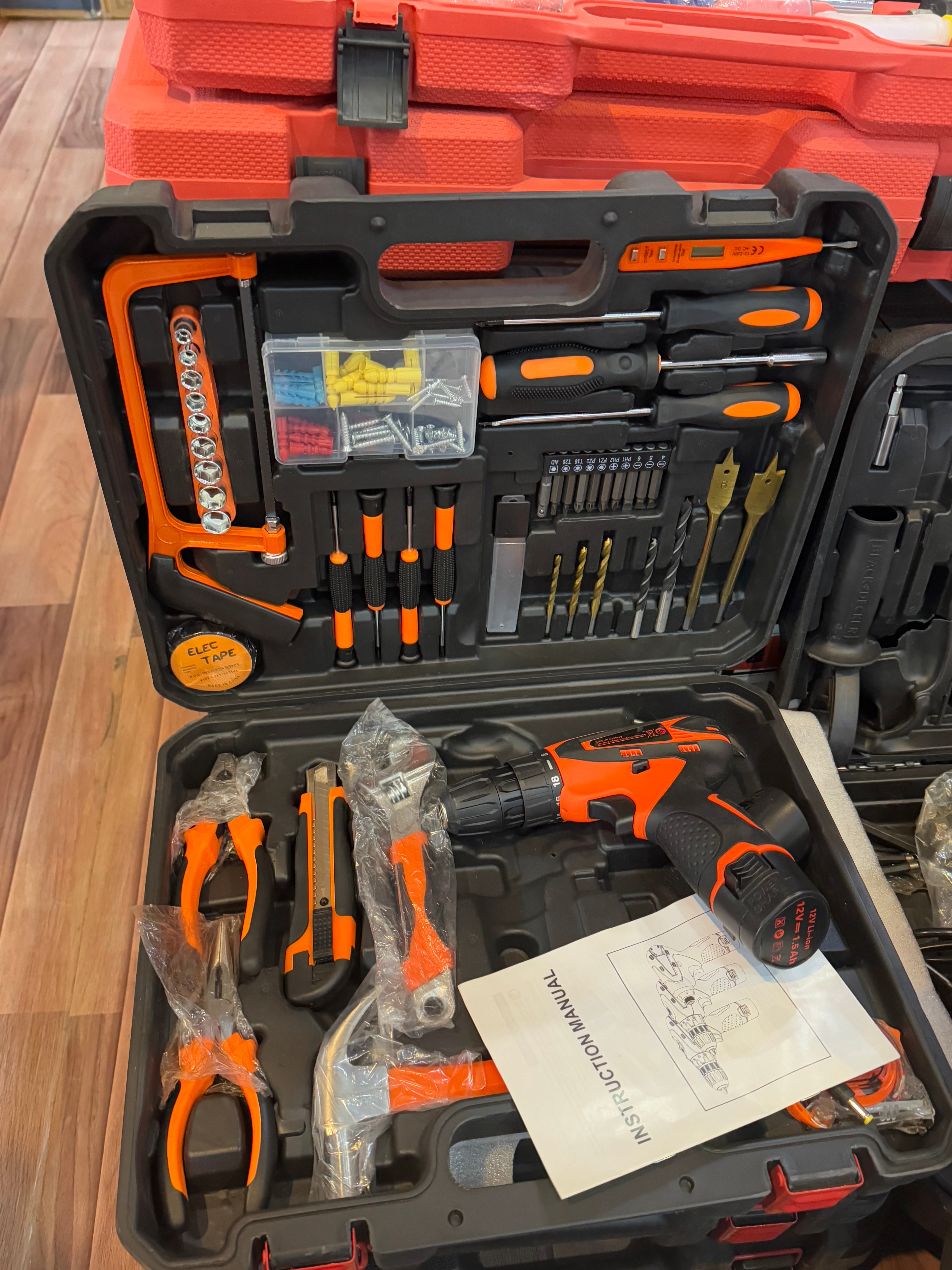 52-Piece Portable Tool Kit with Rechargeable Drill & Extra Batteries