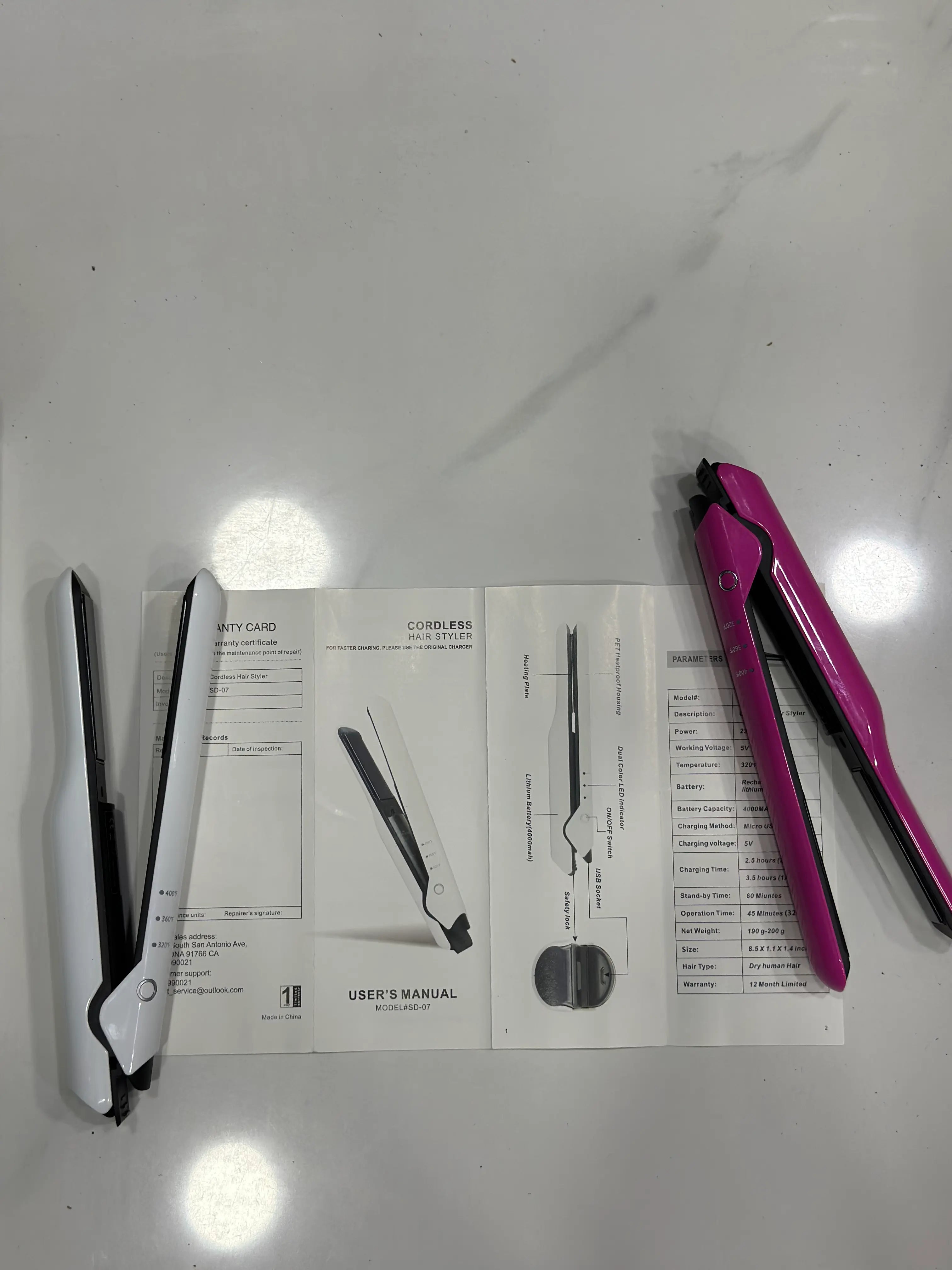 Cordless Rechargeable Hair Straightener SD-07 | 4000mAh | 320°F–400°F | Pink & White