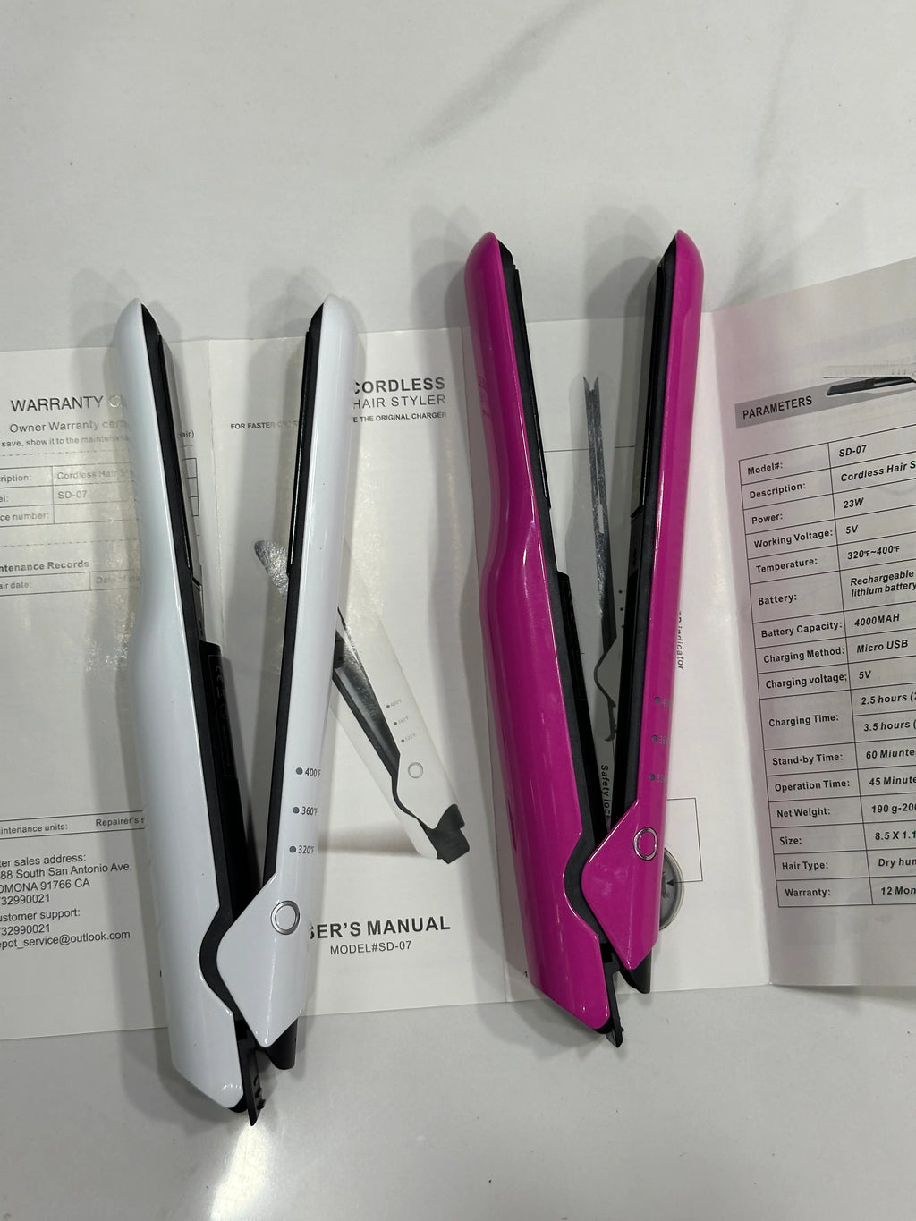 Cordless Rechargeable Hair Straightener SD-07 | 4000mAh | 320°F–400°F | Pink & White