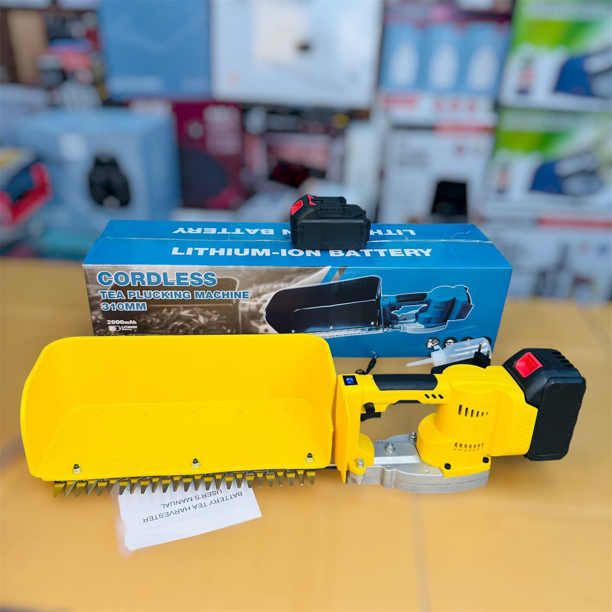 Cordless Tea Plucking Machine gearbox close-up second angle held in hand
