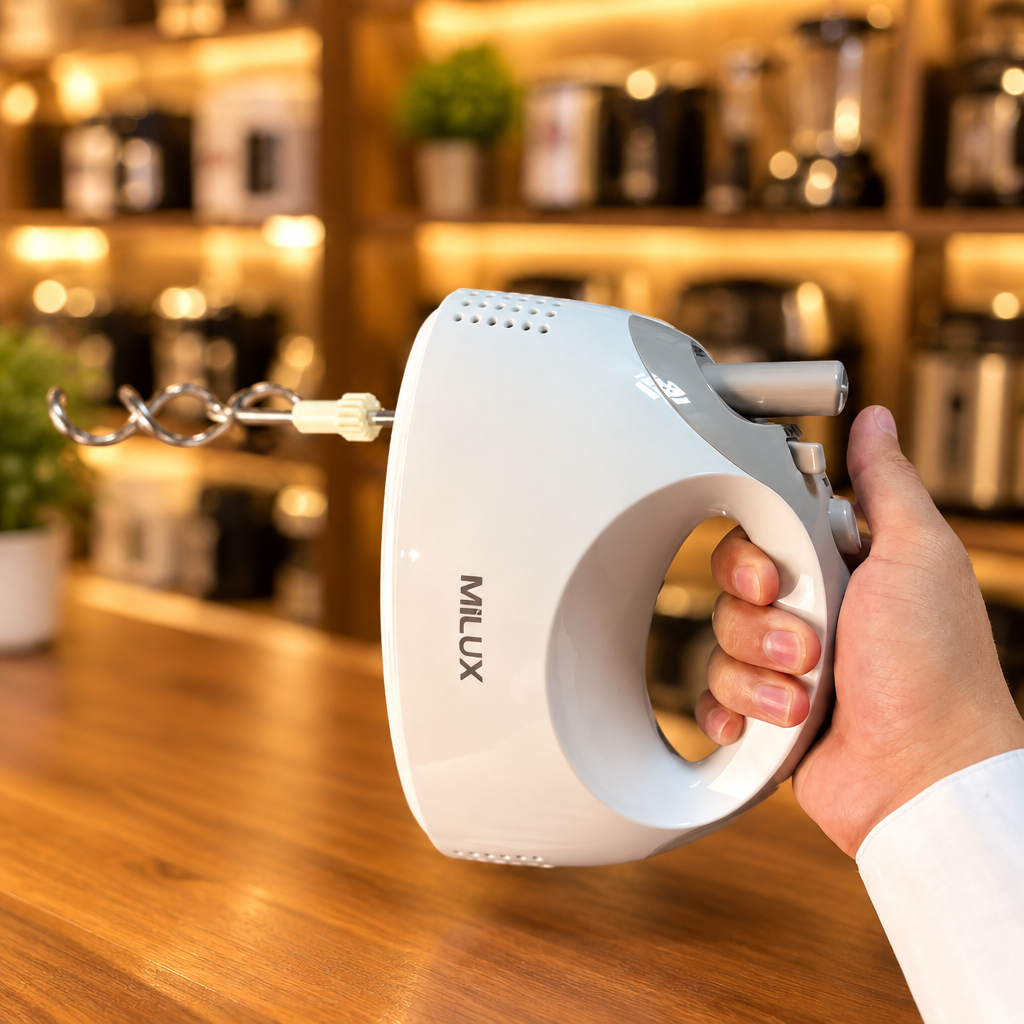 MILUX MSM-9906 - Hand mixer head close-up with loop handle and beater attachment - Showroom