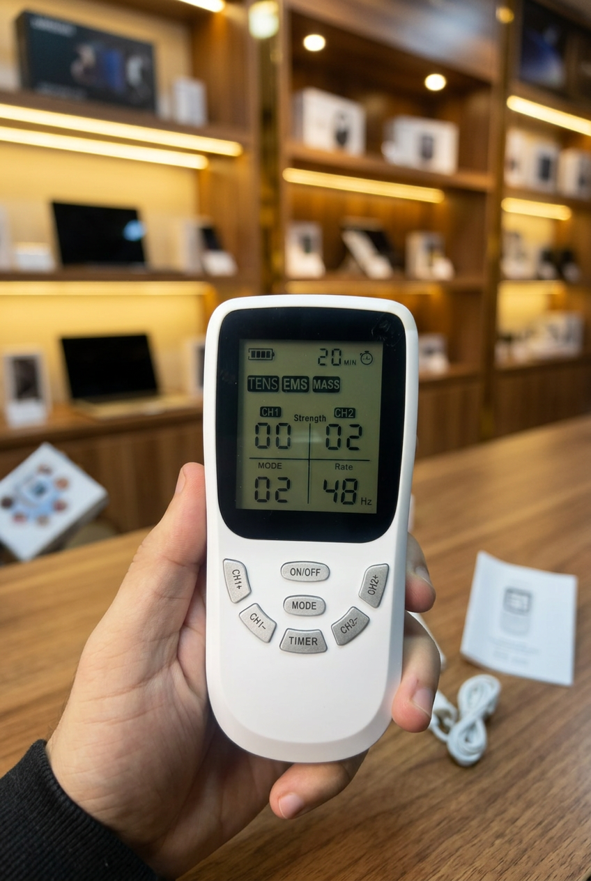 Pulse massager packaging and accessories on wooden counter