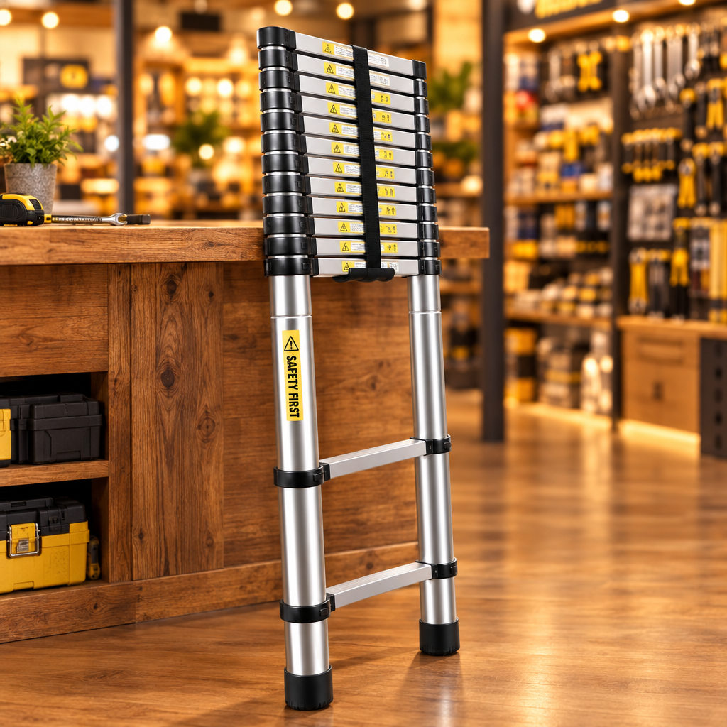 Single Aluminum Telescopic Ladder - Fully extended leaning view - Showroom