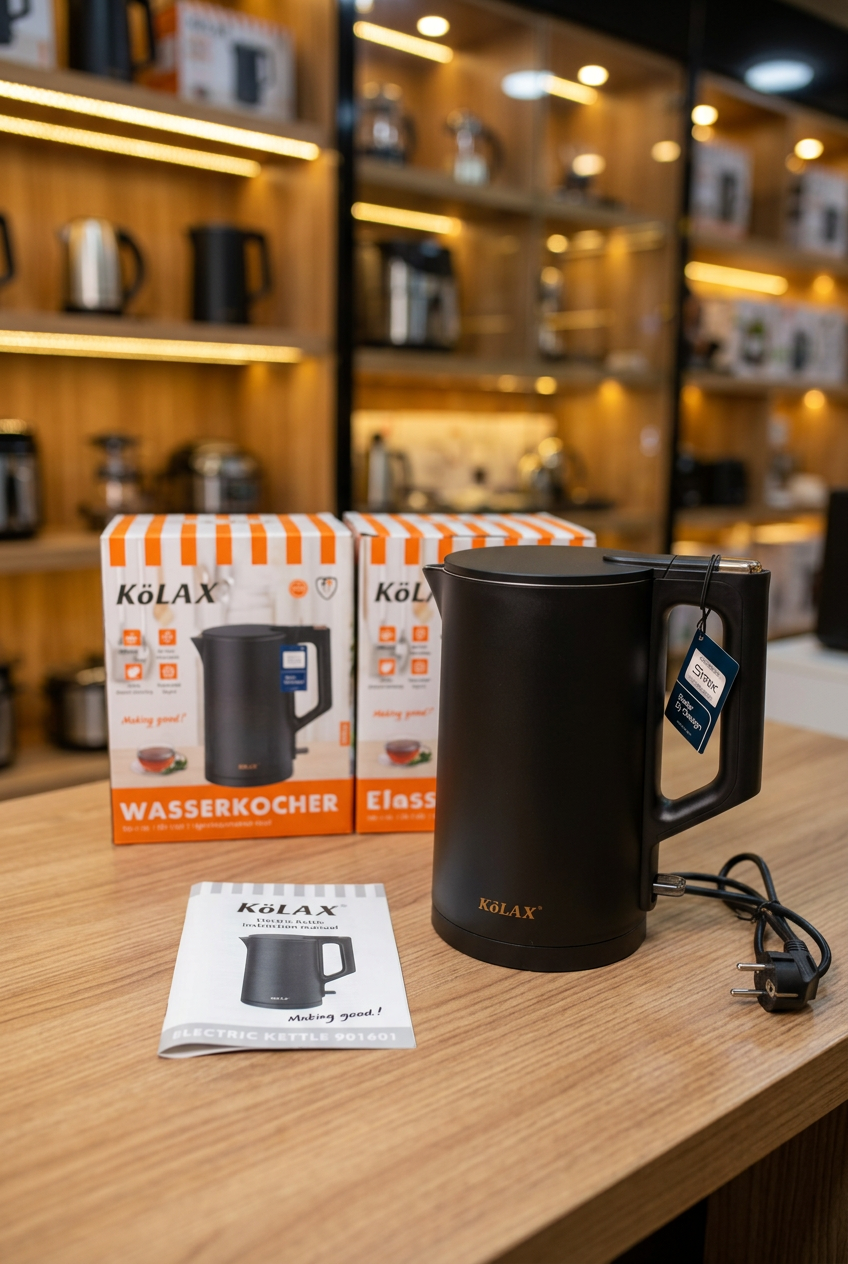 KOLAX electric kettle on wooden showroom counter
