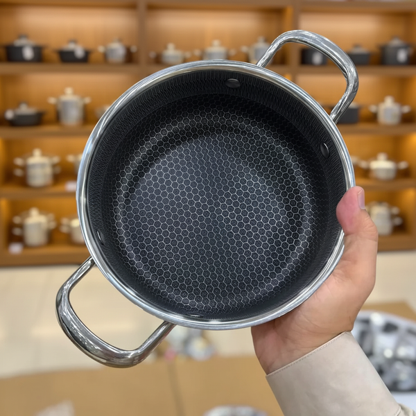 22cm SUS 316L Laser Coated Casserole with Glass Lid | Honeycomb Non-Stick | Induction Compatible