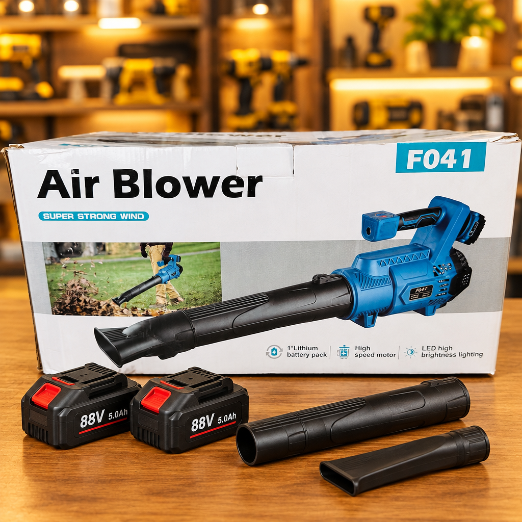 F041 Air Blower full product layout with 2 batteries and 2 nozzles - Showroom