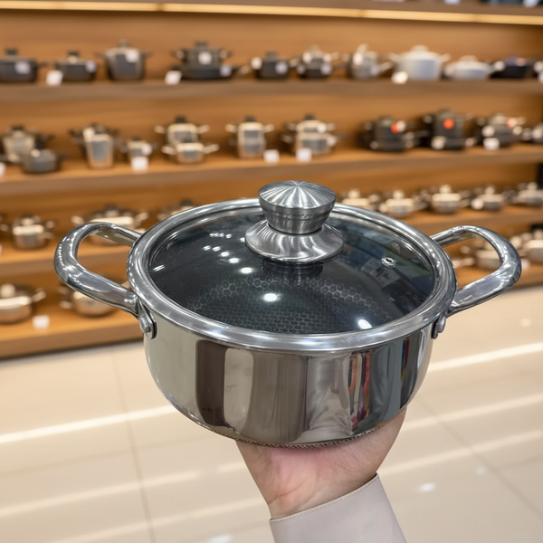 22cm SUS 316L Laser Coated Casserole with Glass Lid | Honeycomb Non-Stick | Induction Compatible