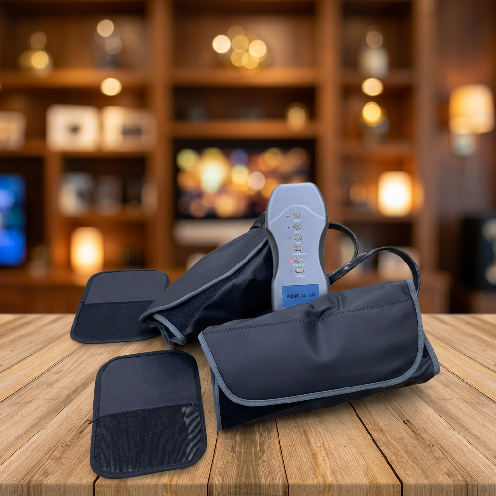Calf and leg air massager set on wooden showroom counter