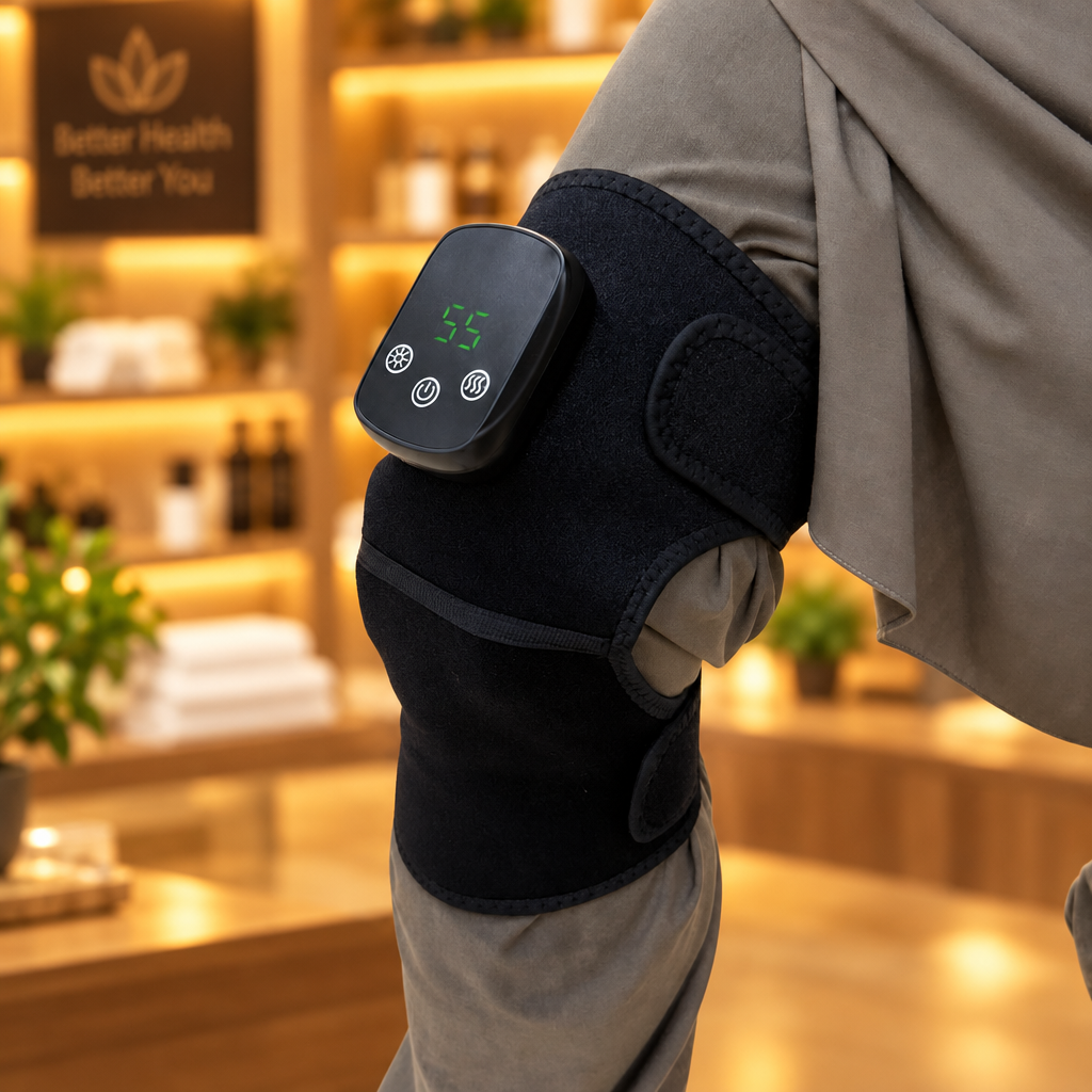 YS-10 Heated Massager worn on shoulder showing LED display and controls - Showroom