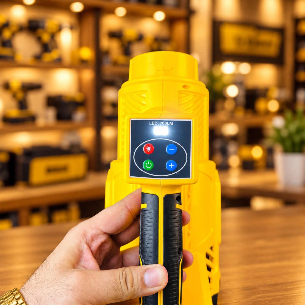 F041 Air Blower 700LM LED light glowing held in hand - Showroom