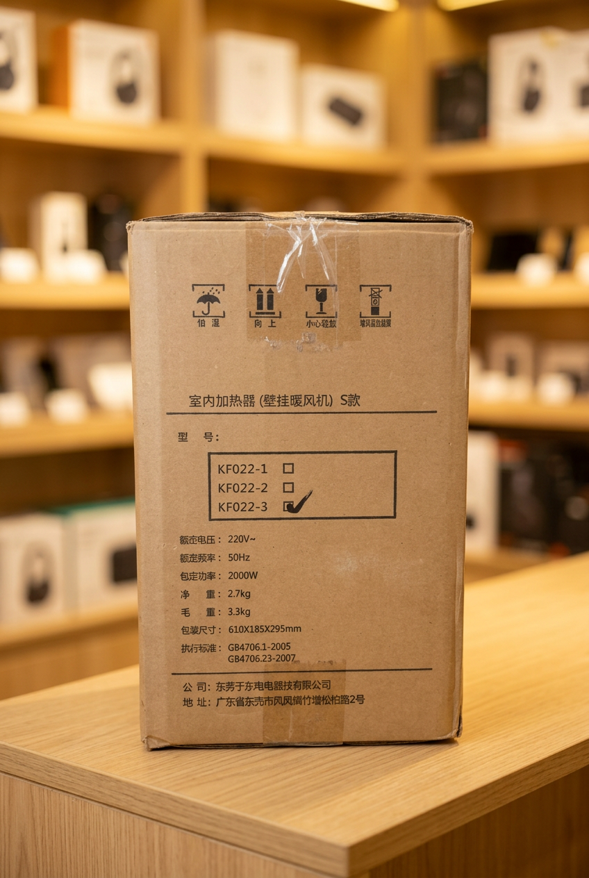 Heater carton specifications with KF022-3 model marking