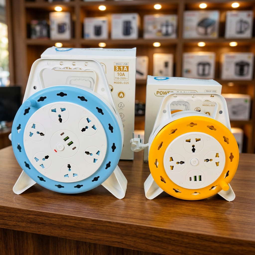 Blue and yellow power socket extension reels