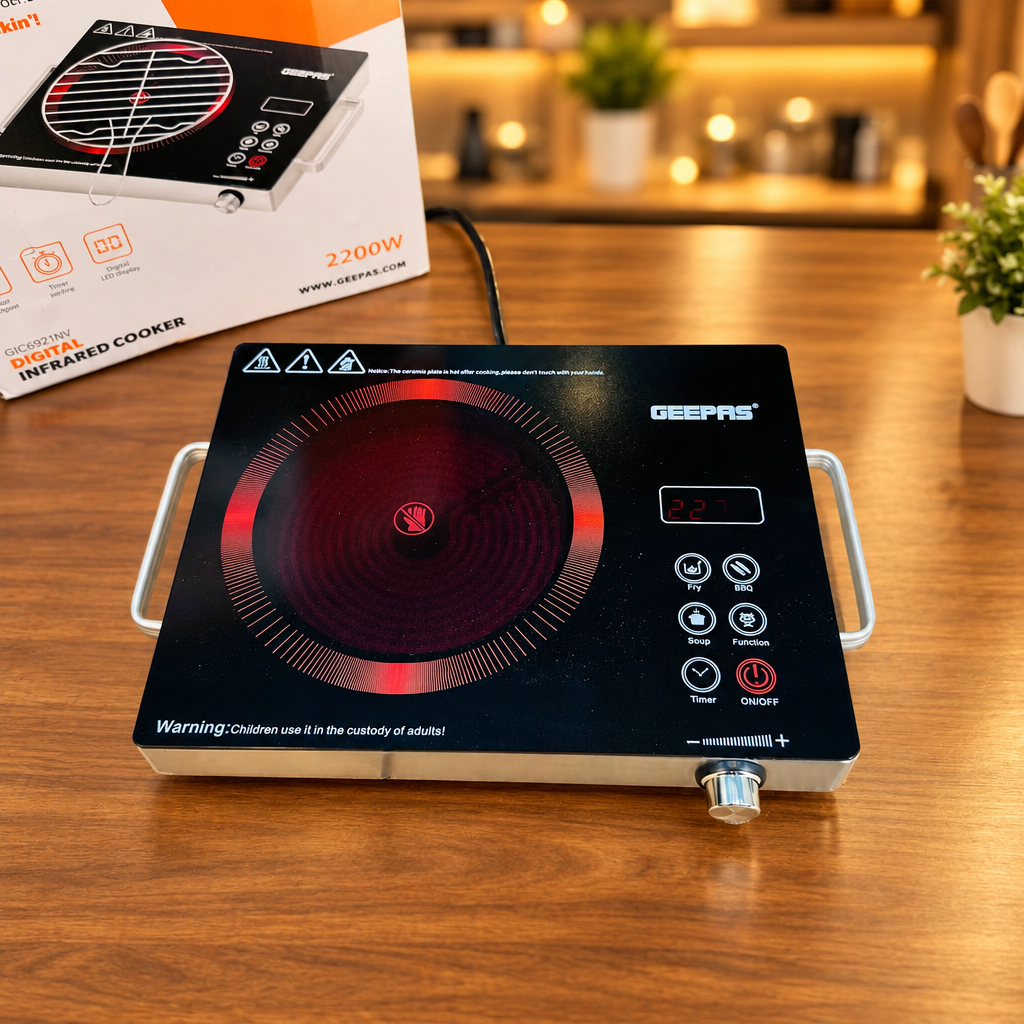GEEPAS GIC-6921NV full top-down view with orange box in background - Showroom