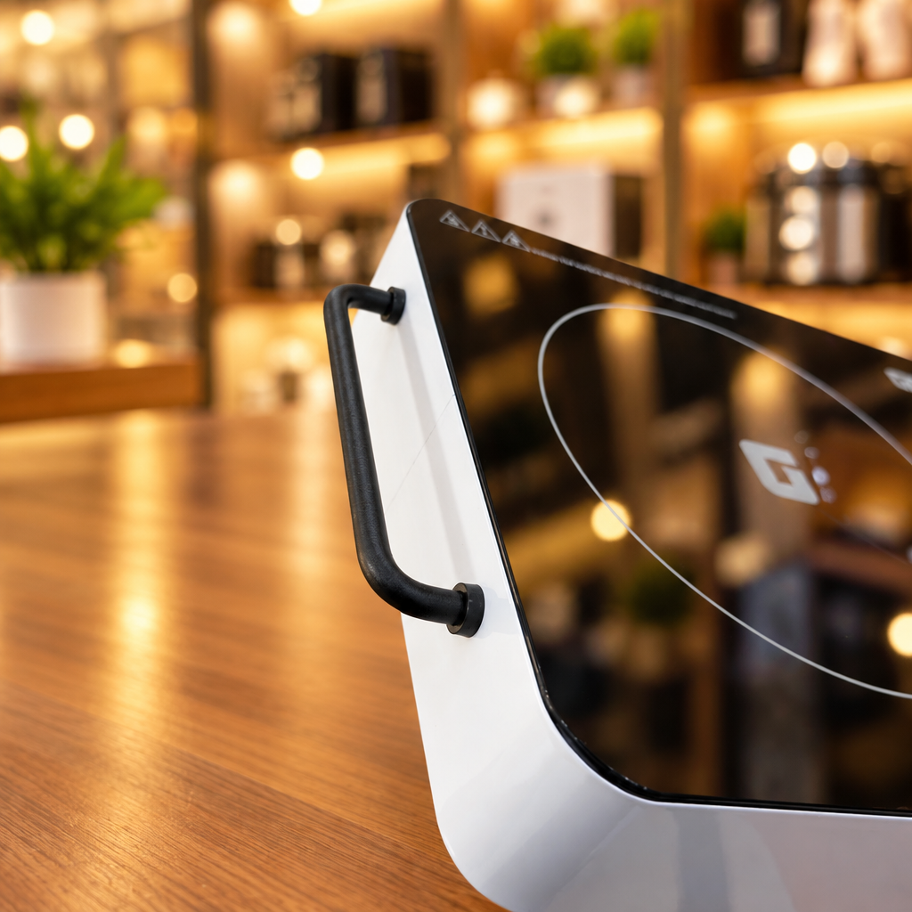 GEEPAS GIC33022P side profile showing black handle and white body - Showroom