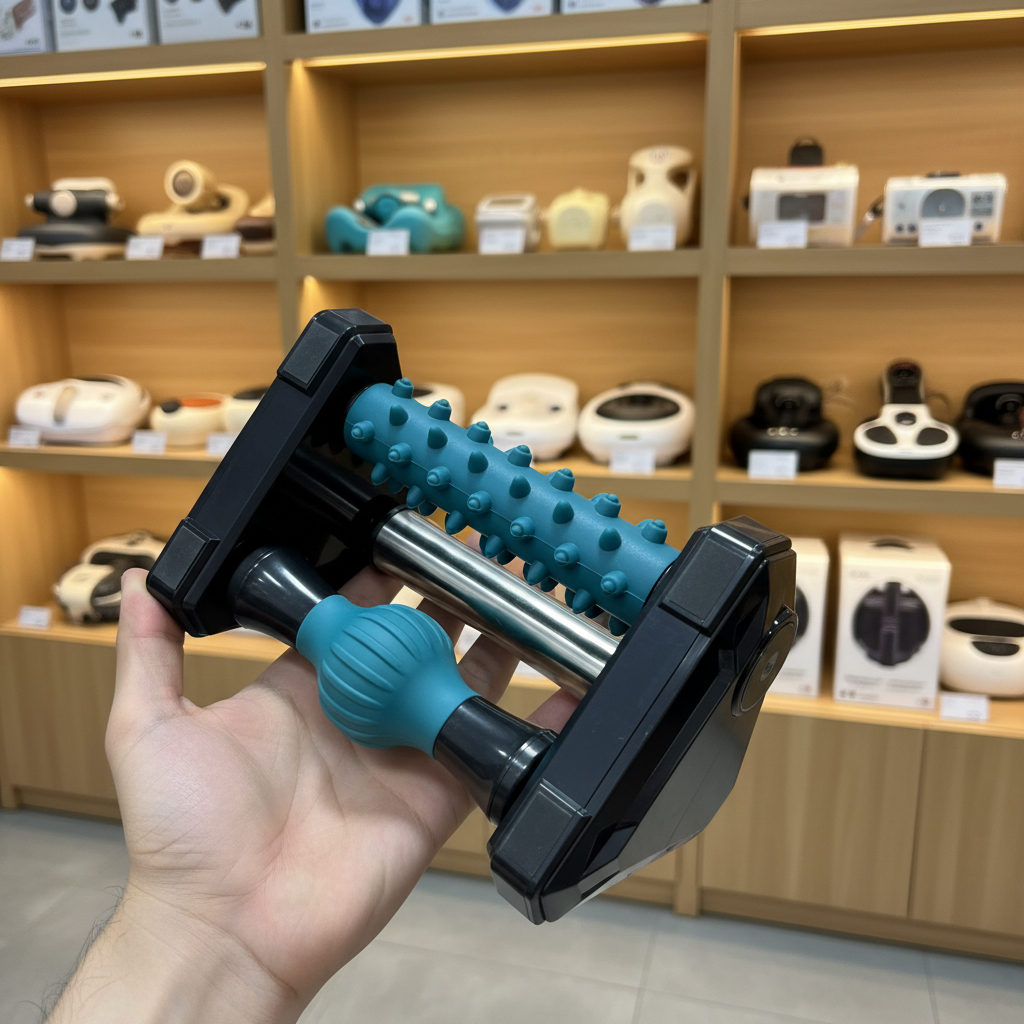 LKL0158 Plantar Fascia Relaxer - Teal relaxation ball close-up between black frame - Showroom