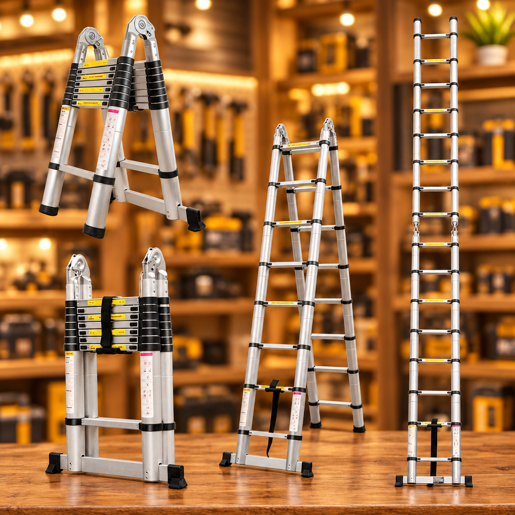 Double-Sided Telescopic Aluminum Ladder - Compact folded flat with balance bar accessory - Showroom
