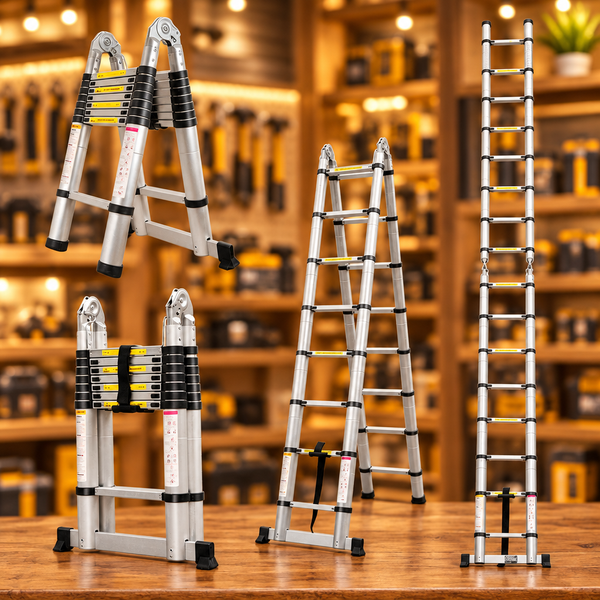 Double-Sided Telescopic Aluminum Step Folding Extension Ladder with Balance Bar | A-Frame & Straight