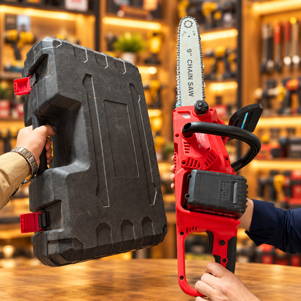 Cordless 16 inch Chainsaw rear view showing battery slot and handle - Showroom