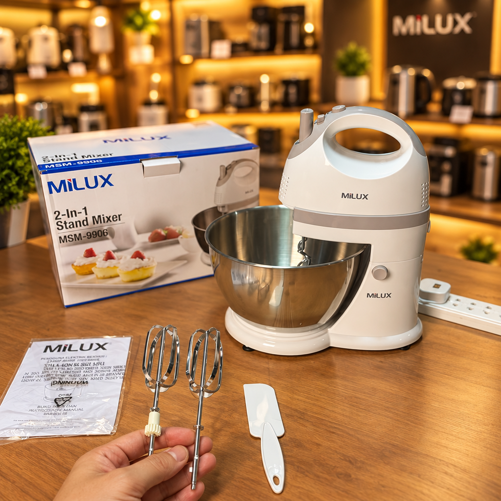 MILUX MSM-9906 Stand Mixer - Stainless steel beater attachments close-up - Showroom
