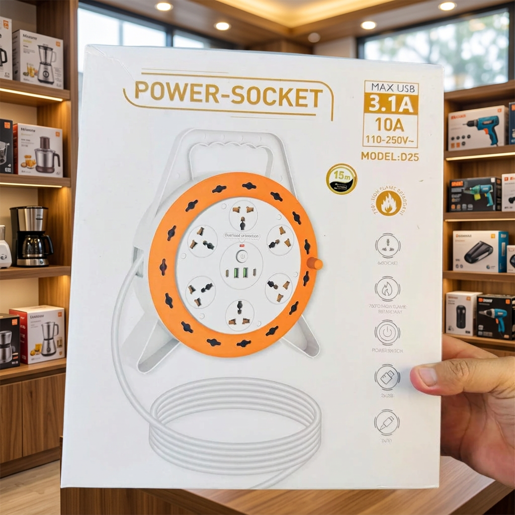 D25 power socket extension packaging marked 15 metres
