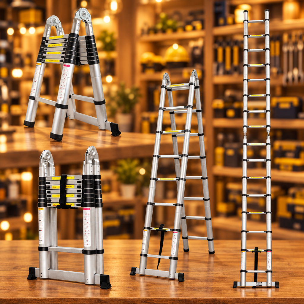 Double-Sided Telescopic Aluminum Ladder - 4 configurations A-frame compact extended and straight - Showroom