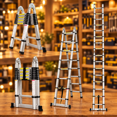 Double-Sided Telescopic Aluminum Step Folding Extension Ladder with Balance Bar | A-Frame & Straight
