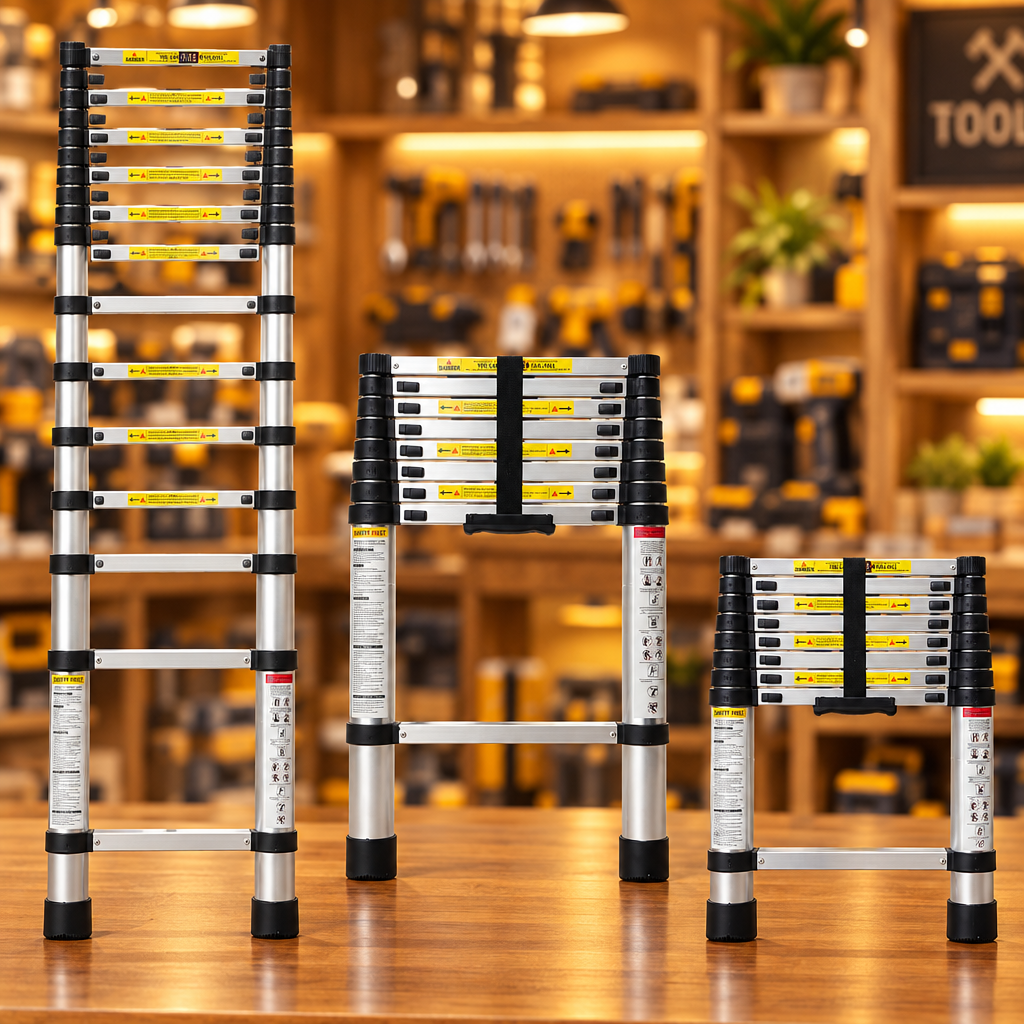 Single Aluminum Telescopic Ladder - Three extension states fully extended half extended and compact - Showroom