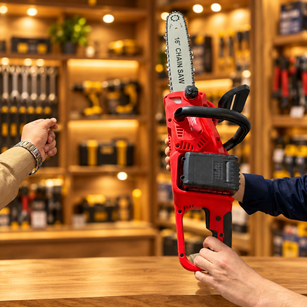 Cordless 16 inch Chainsaw - Held up showing full bar and red body - Showroom