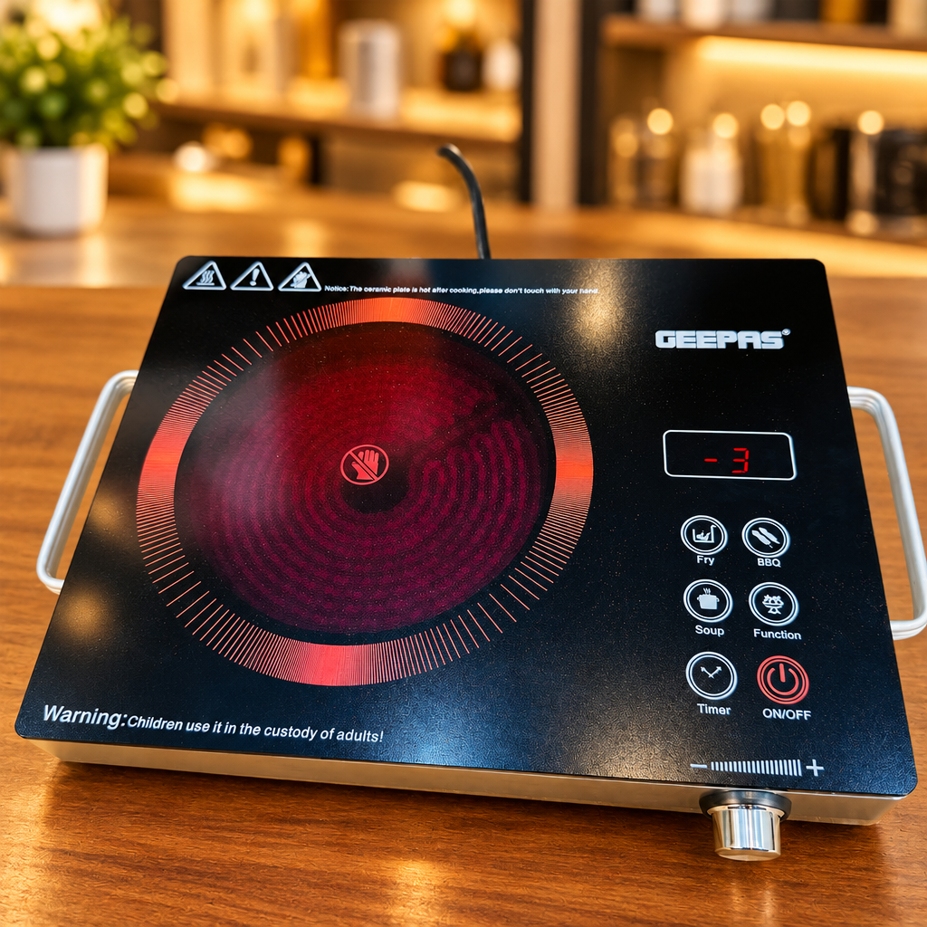 GEEPAS GIC-6921NV infrared heating ring angled close-up - Showroom