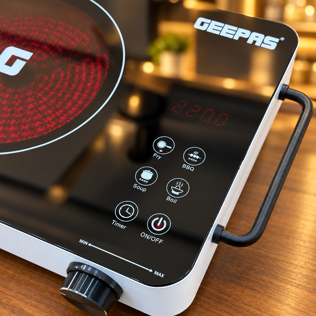GEEPAS GIC33022P control panel close-up showing Fry BBQ Soup Boil Timer ON/OFF buttons - Showroom