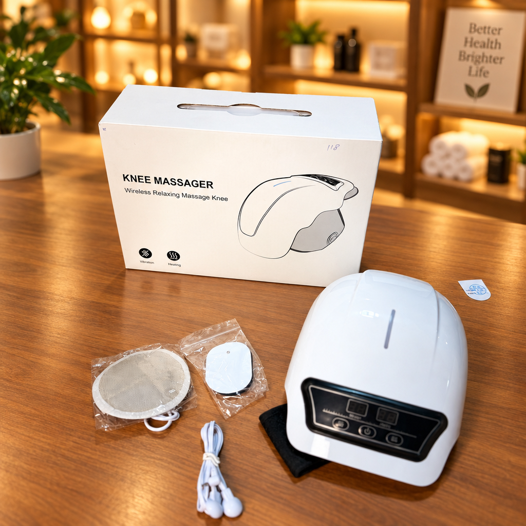 Wireless Knee Massager - Full kit flat lay with box device pads and cable - Showroom