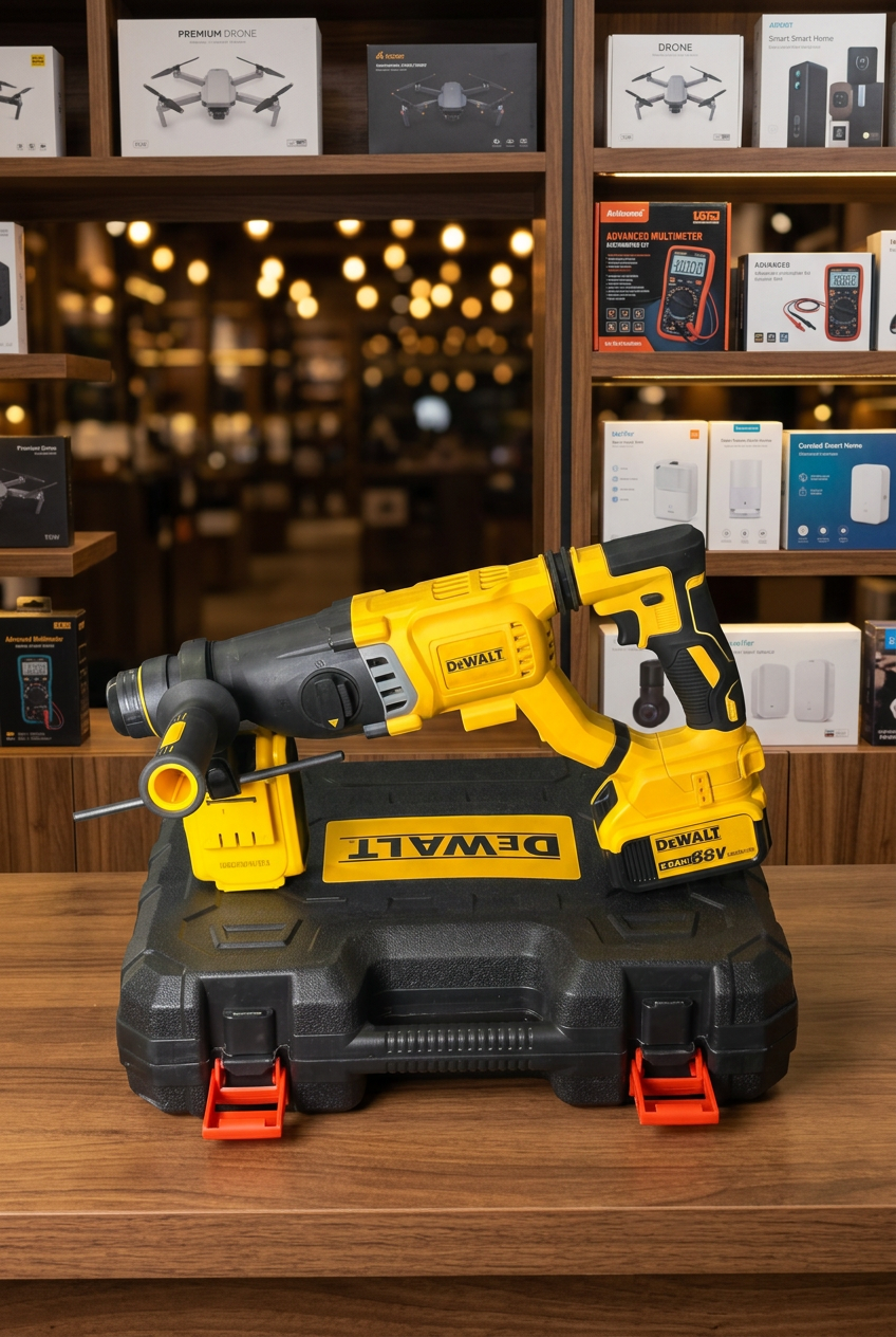 DeWalt cordless rotary hammer drill on carry case in warm showroom