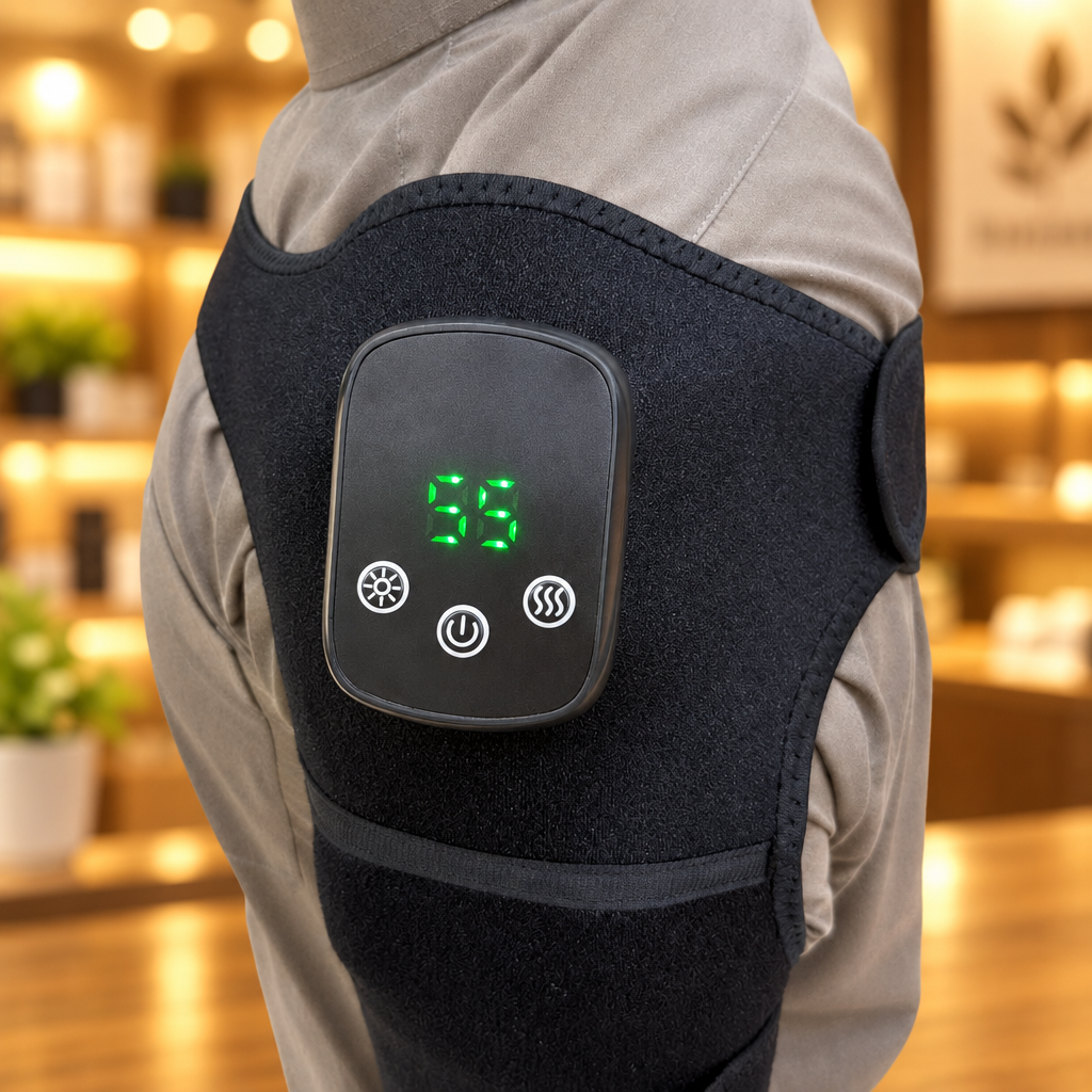 YS-10 Heated Massager worn on bent knee side view - Showroom