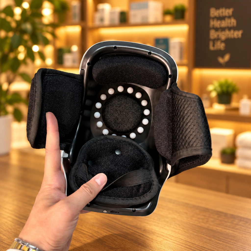 Wireless Knee Massager - Inner view showing heating nodes padded frame and straps - Showroom