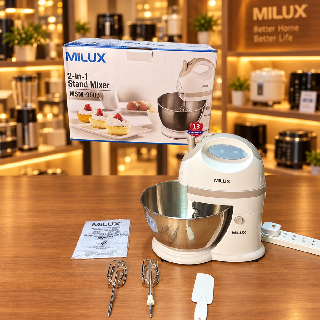 MILUX MSM-9906 - Complete kit layout with retail box beaters spatula and manual - Showroom