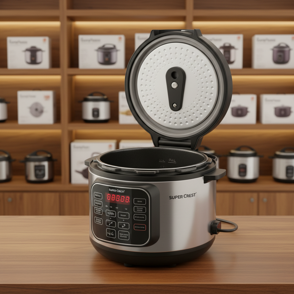 Super Crest SCT-3005 - Open lid top-down view showing non-stick inner pot with measurement markings - Showroom