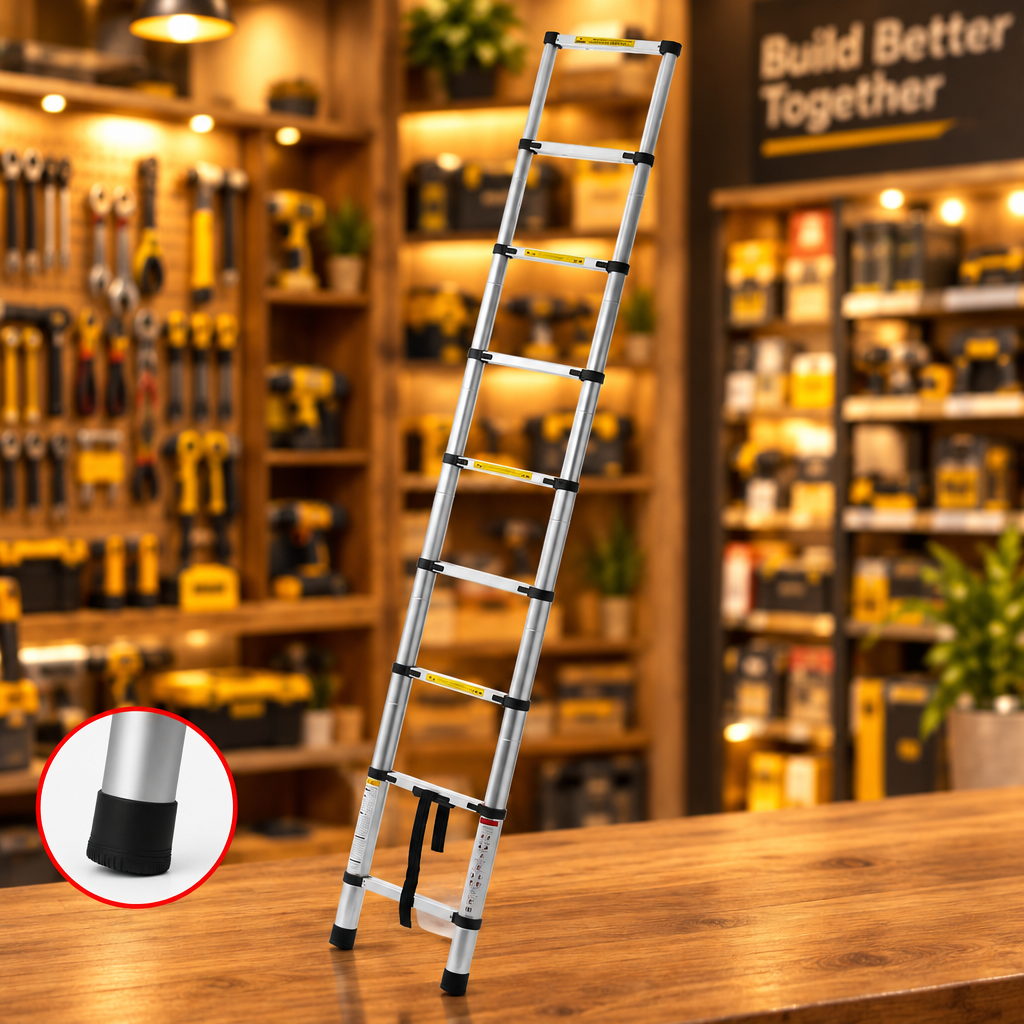 Single Aluminum Telescopic Ladder - Folded compact with non-slip rubber cap close-up detail - Showroom