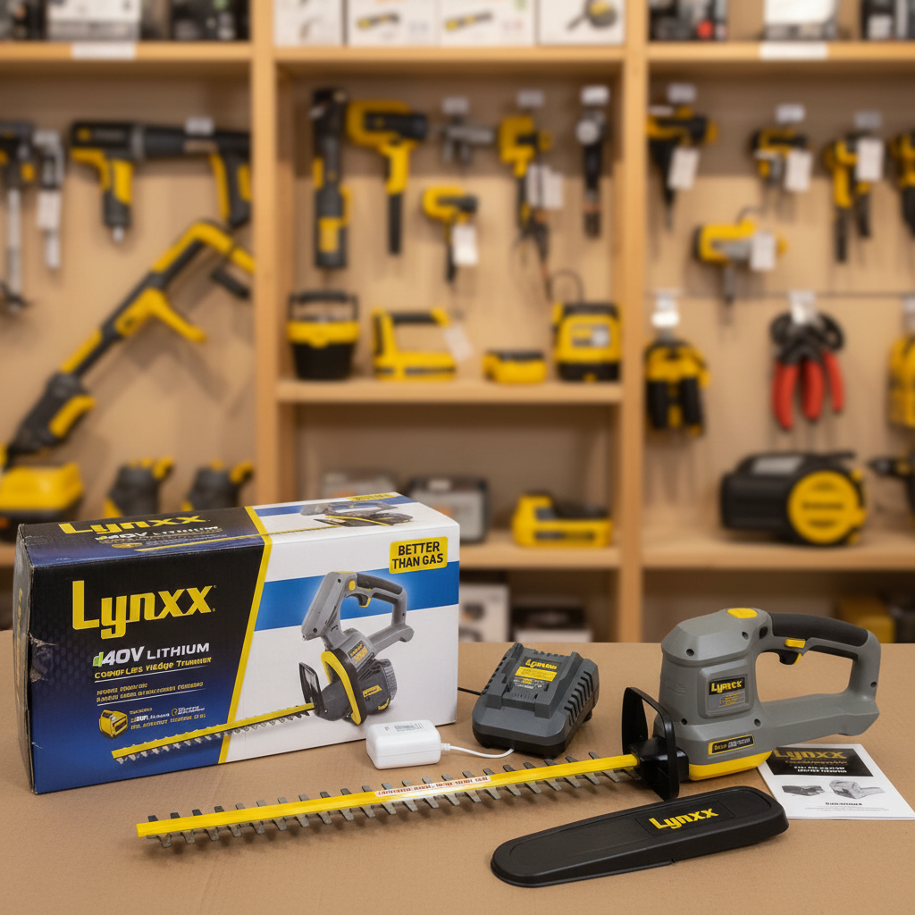 Lynxx 40V Hedge Trimmer - Complete kit flat lay with retail box - Showroom