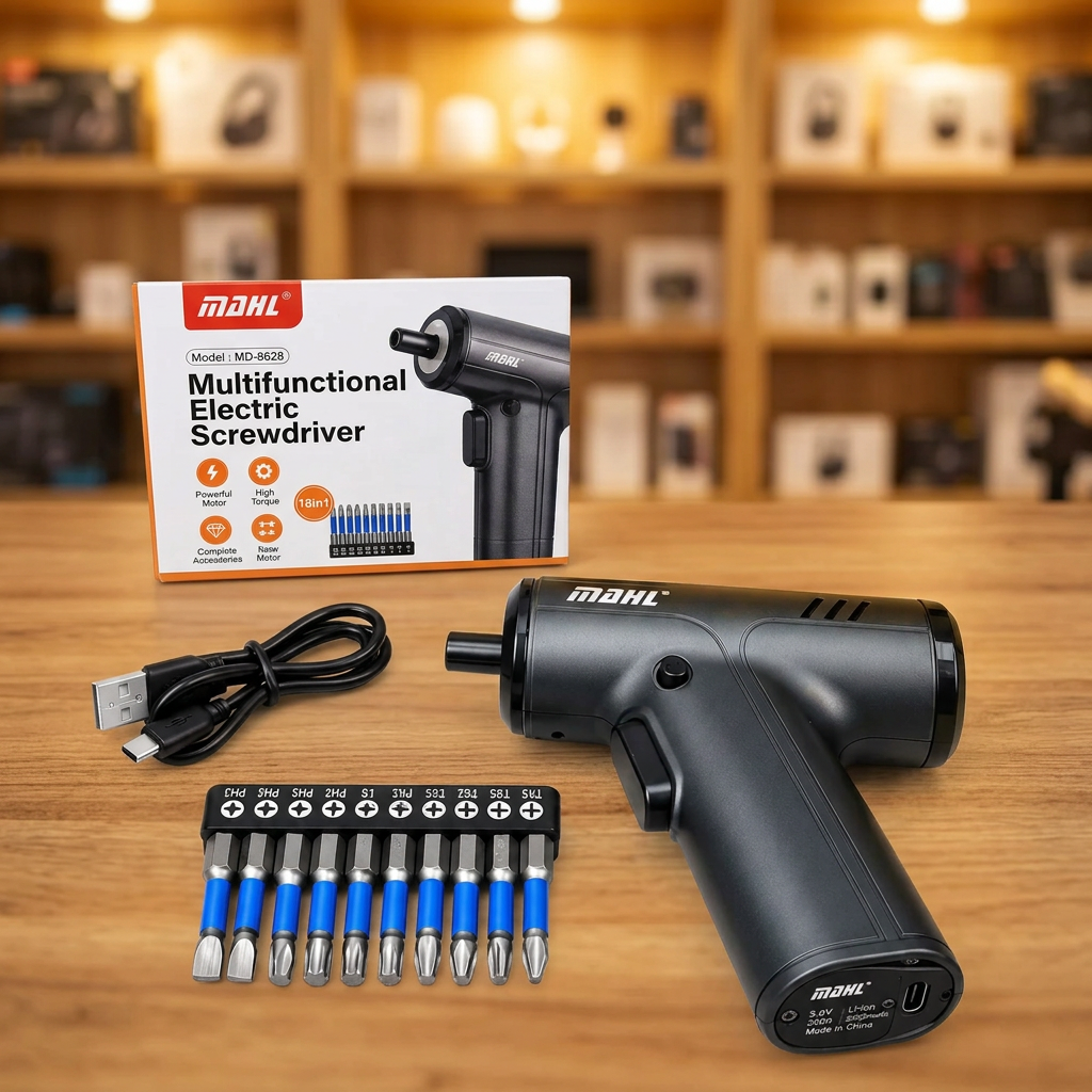 MDHL rechargeable screwdriver complete kit on wooden showroom counter