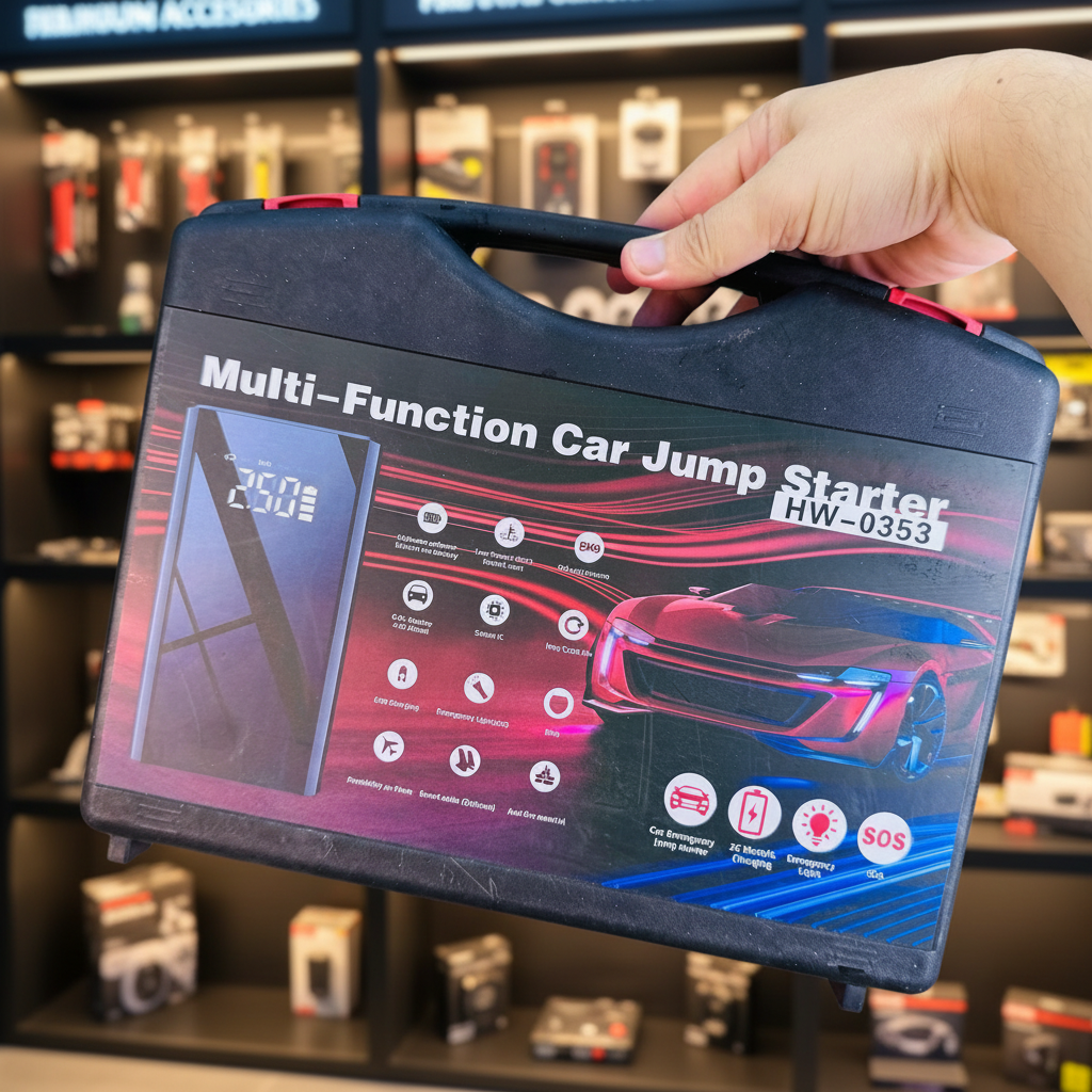 HW-0353 Car Jump Starter - Complete kit flat lay with case main unit clamps hose and adapters - Showroom