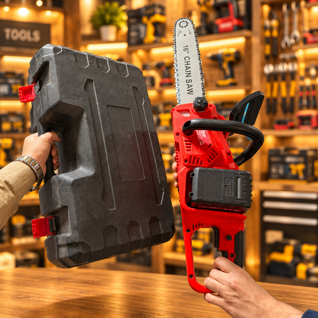 Cordless 16 inch Chainsaw side view showing full bar - Showroom