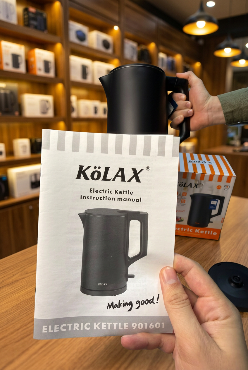 KOLAX 901601 matte black electric kettle with packaging and manual