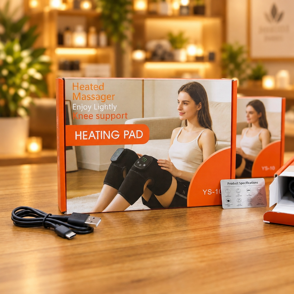 YS-10 Heated Knee Massager worn on knee showing LED display and controls - Showroom