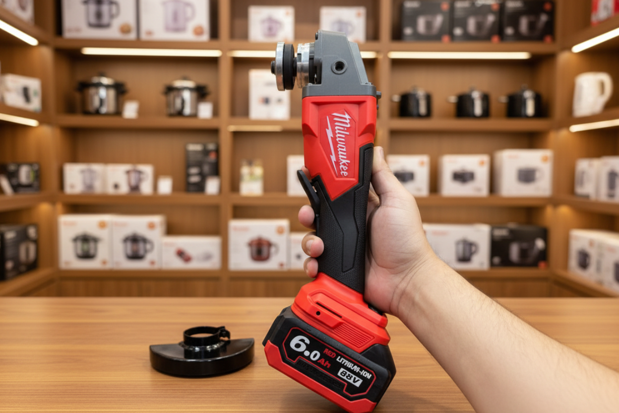 Milwaukee Angle Grinder in Hand – Premium Showroom