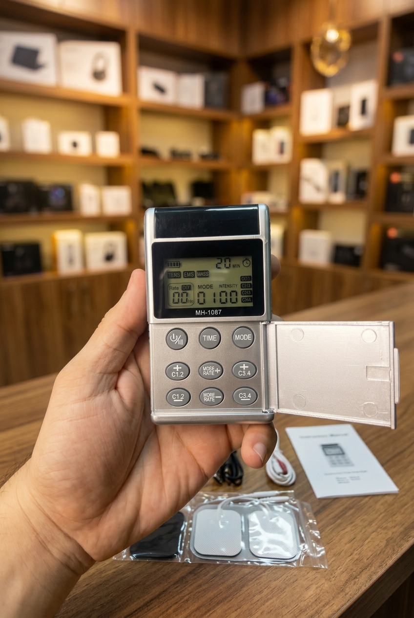 Silver digital pulse massager marked MH-1087