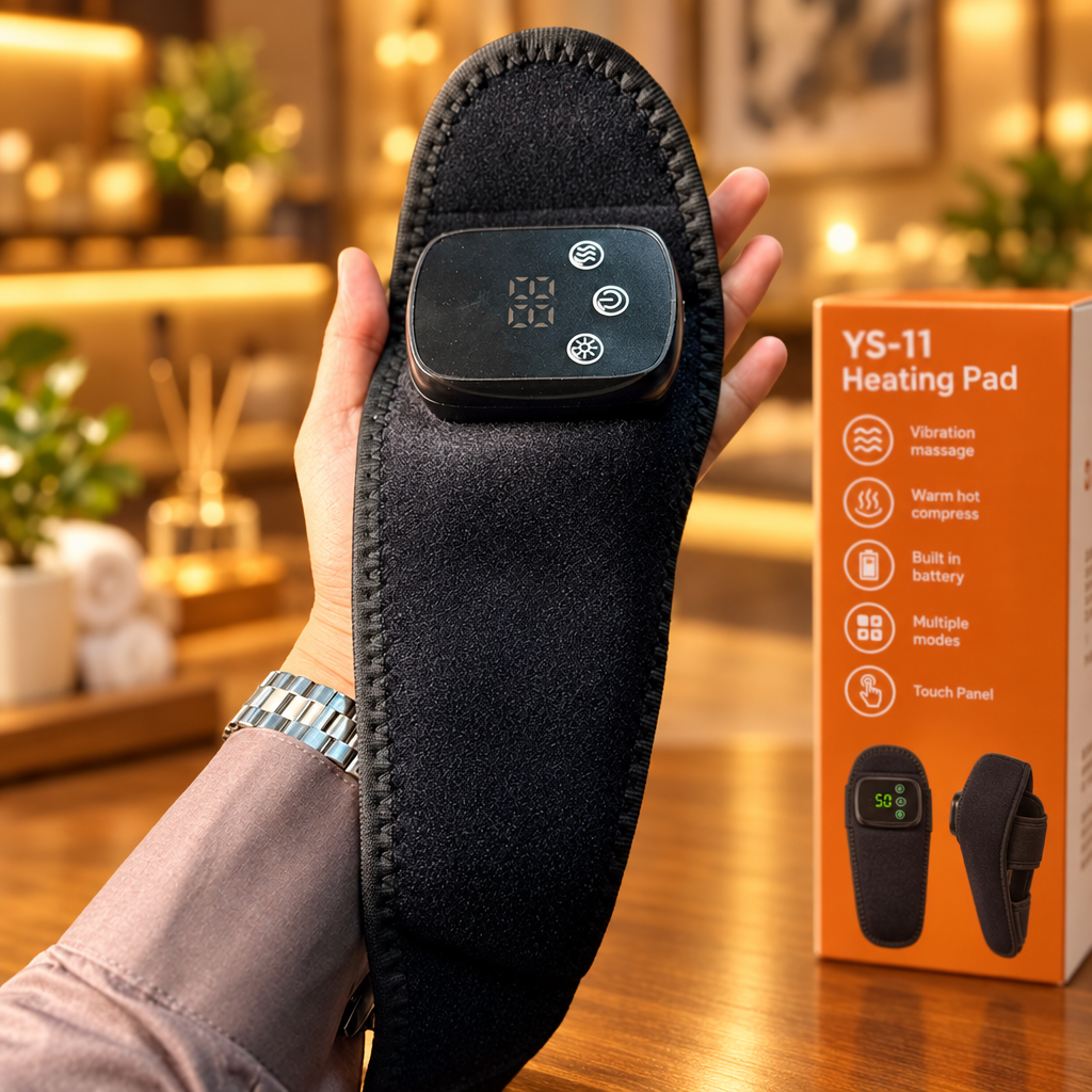YS-11 box side showing vibration massage warm hot compress built-in battery features - Showroom