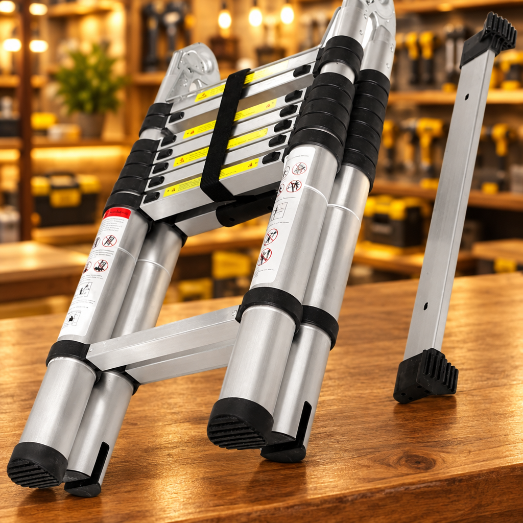 Double-Sided Telescopic Aluminum Ladder - Close-up detail folded with balance bar and safety labels - Showroom