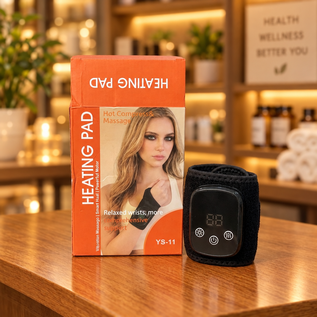 YS-11 Electric Heated Wrist Massager with orange retail box on wooden surface - Showroom